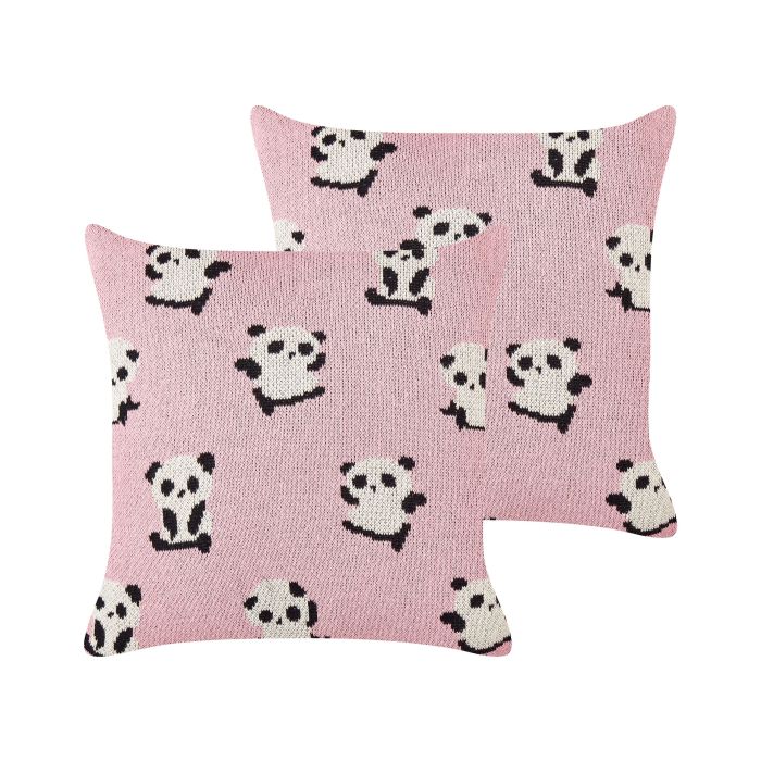 Set of 2 Cotton Kids Cushions Pandas Motif 45x45cm Pink