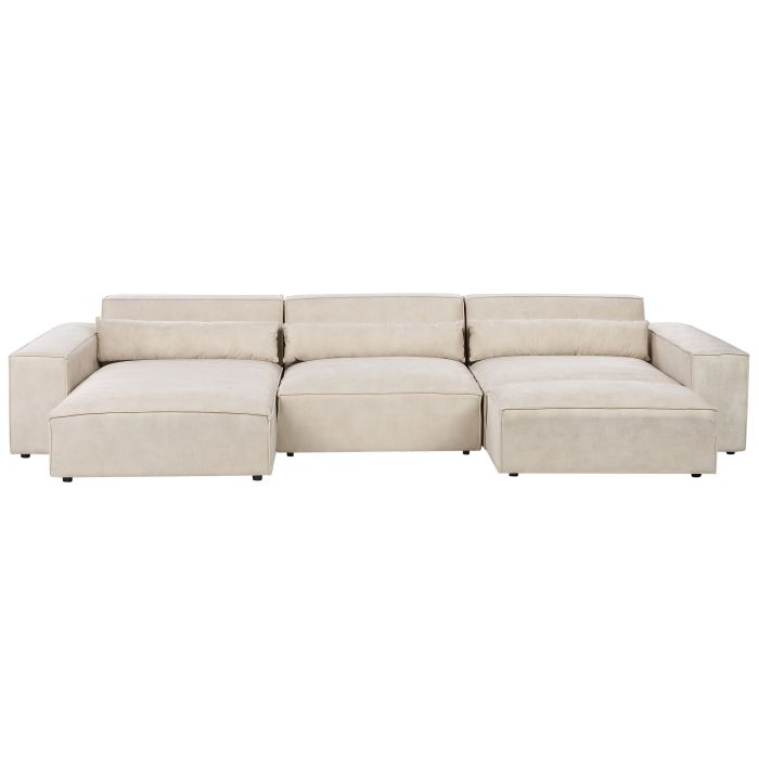 Right Hand 3 Seater Modular Velvet Corner Sofa with Ottoman Beige HELLNAR