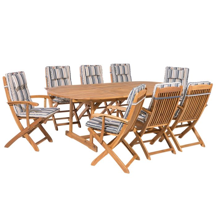 8 Seater Acacia Wood Garden Dining Set Blue Stripes Cushions MAUI