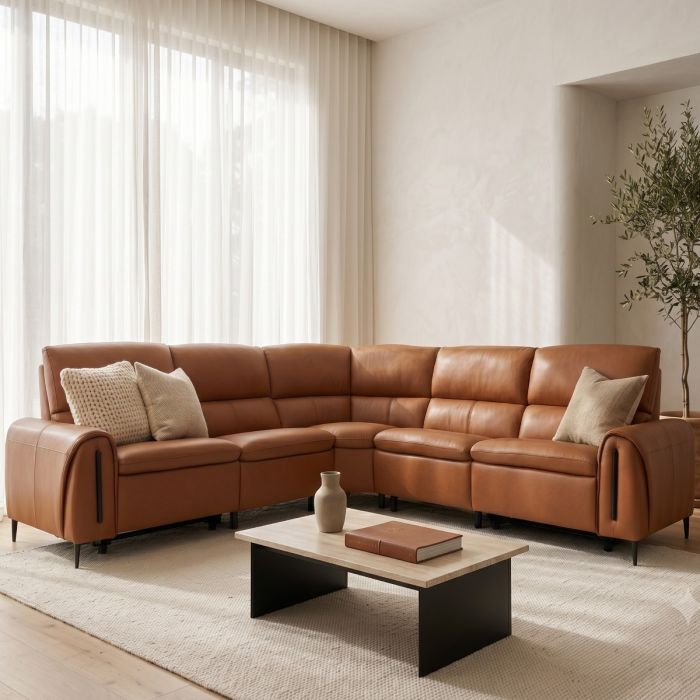 BELLMERE Leather 5 Seater Electric Recliner Corner Sofa - Tan