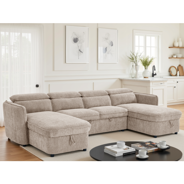 ELVAREN Fabric 4 Seater U Shaped Corner Sofa Bed - Beige