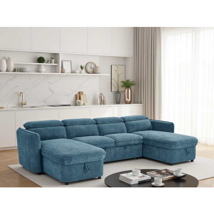ELVAREN Fabric 4 Seater U Shaped Corner Sofa Bed - Blue