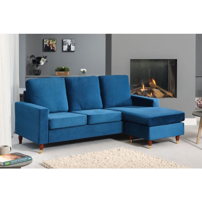 ORNOVA Velvet 3 Seater Reversible Corner Sofa- Blue