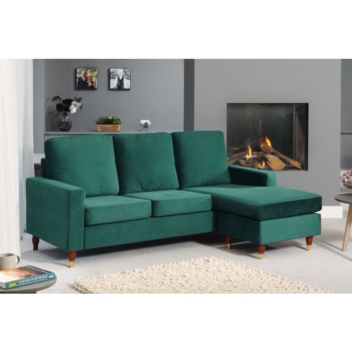 ORNOVA Velvet 3 Seater Reversible Corner Sofa- Green