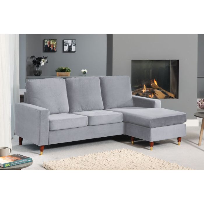 ORNOVA Velvet 3 Seater Reversible Corner Sofa- Grey