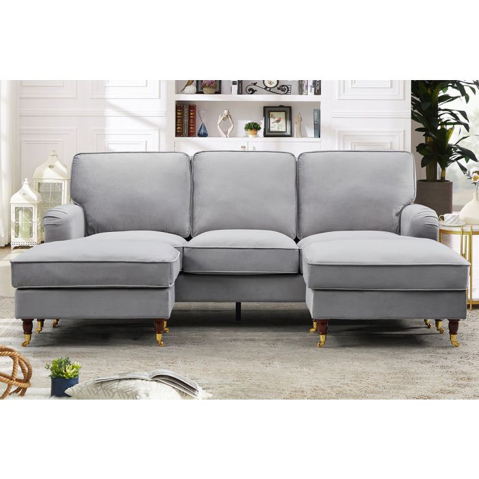 VELARO Velvet 5 Seater U-Shaped Corner Sofa- Grey