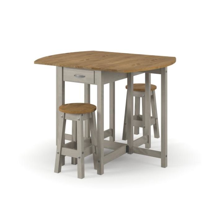 Ethans Antique Pine Drop Leaf Table and 2 Stool Set - Grey