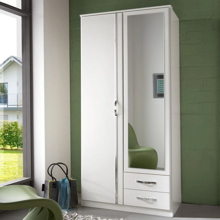 DAYTON 2 Door Mirrored Wardrobe with 2 Drawers White - 90cm