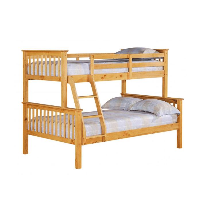 Space-Saving Elegance Oroville Triple Sleeper Bunk Single Top, 4 Foot Bottom Beds - Light Pine Finish