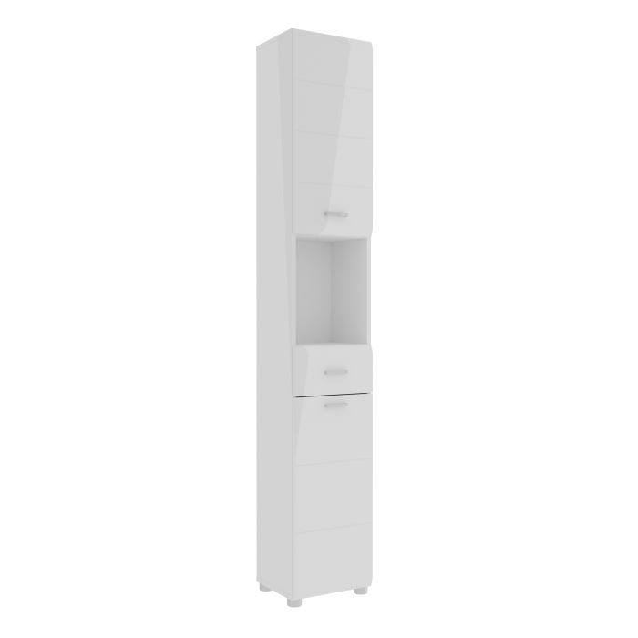 FROSTIC Narrow Bathroom Storage Cabinet with 2 Doors and 1 Drawer, Silver Handles - White High Gloss