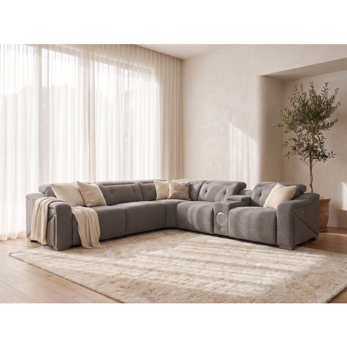CALDMERE Fabric Large 5 Seater L Shaped Electric Recliner Corner Sofa - Grey