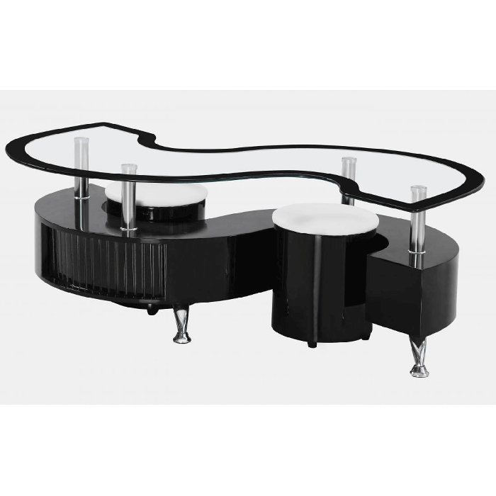 Stoke Black Border Coffee Table with Two Stool Set SStylish High Gloss Drawer and Glass Top