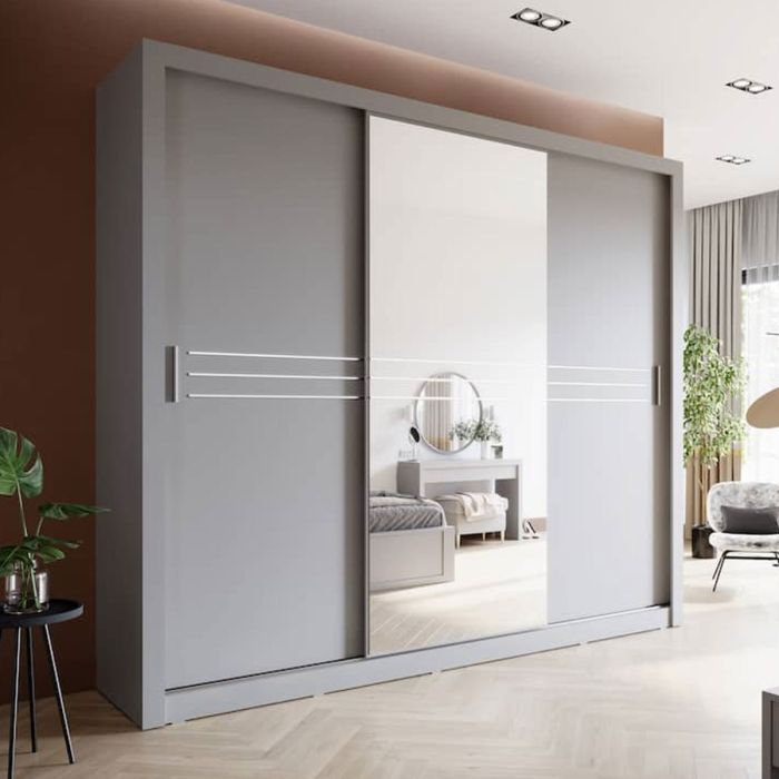 COPENHAGEN 3 Door Mirrored Sliding Wardrobe with 2 Drawers Grey Matt - 250cm