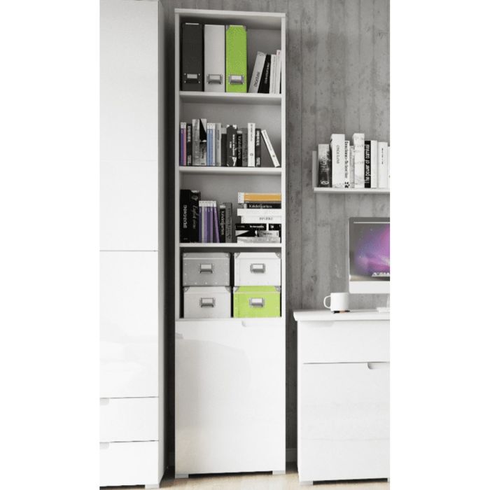 Viktoria Modern Tall Narrow Bookcase with 6 Compartments - Matt White with White Gloss Door