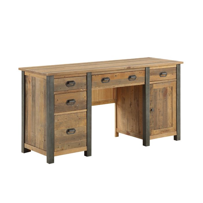 Doyle Rustic Cross Design Frame Computer Desk with 3 Drawer and Door - Natural Wood