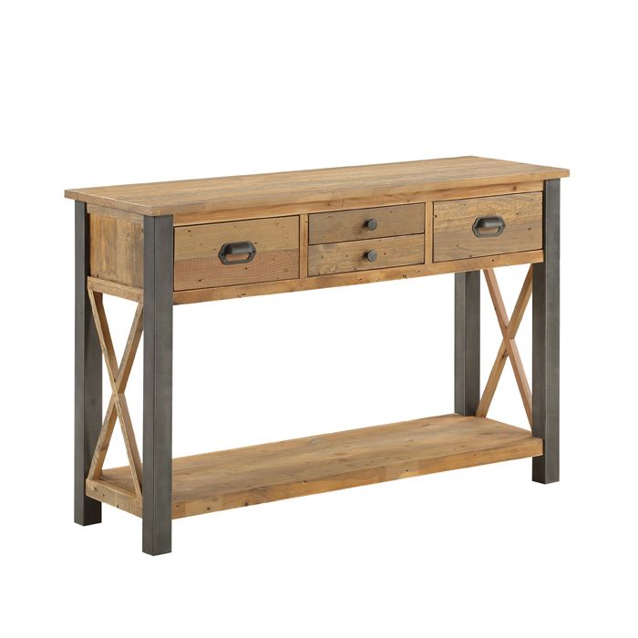 Doyle Elegance Rustic 4 Drawer Console Table with Open Shelf - Natural Wood