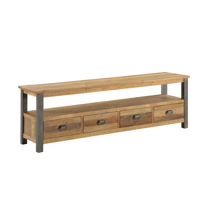 Doyle Rustic TV Cabinet with Long Open Shelf and Four Drawers