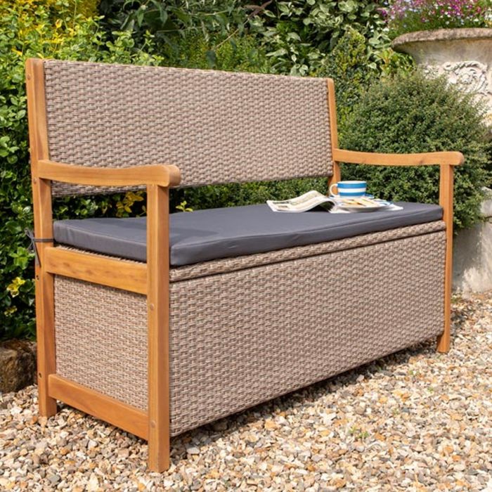 Helen Natural Rattan Storage Bench with Lift-Up Seat and Grey Seat Pad