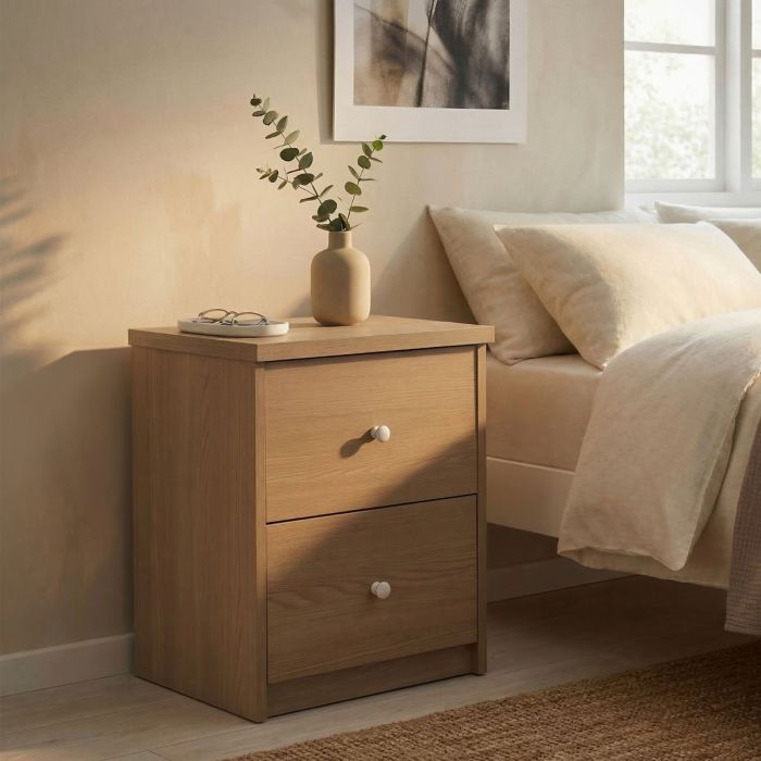 VALMONT Small Narrow Solid Wood Bedside Table 2 Drawers - Smoke Oak Effect