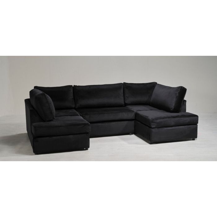MORRISON Plus Velvet 5 Seater U Shaped Fullback Corner Sofa - Black