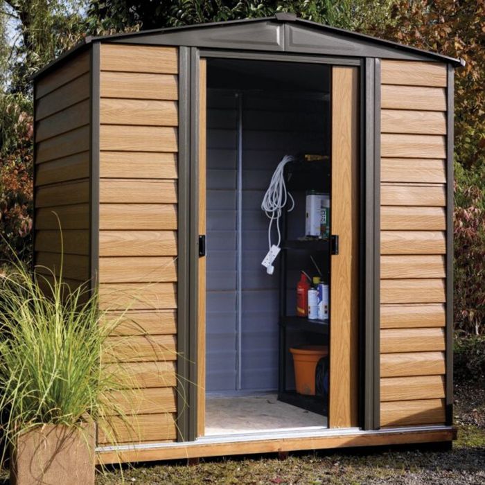 Rowlinson Pre Painted Wood Grain Shed Double Lockable Sliding Doors - 6x5