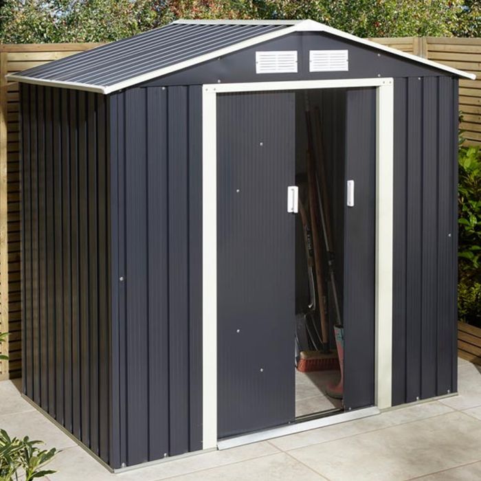 Tyson Double Sliding Door 6x4 Metal Apex Shed - Dark Grey
