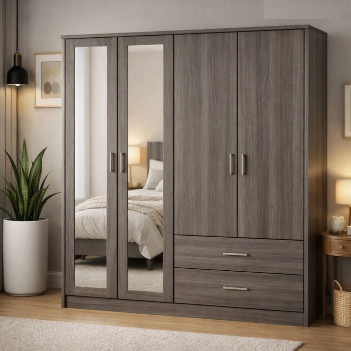 LISKEARD 4 Door Mirrored Wardrobe Grey Oak - 157cm