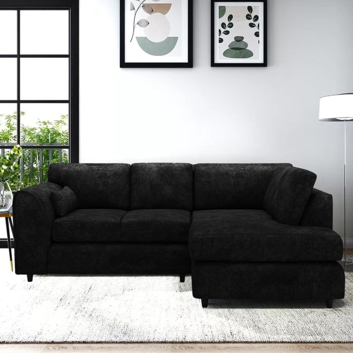LORVANI Fabric 4 Seater L Shaped Fullback Corner Sofa - Black, Right Hand Facing