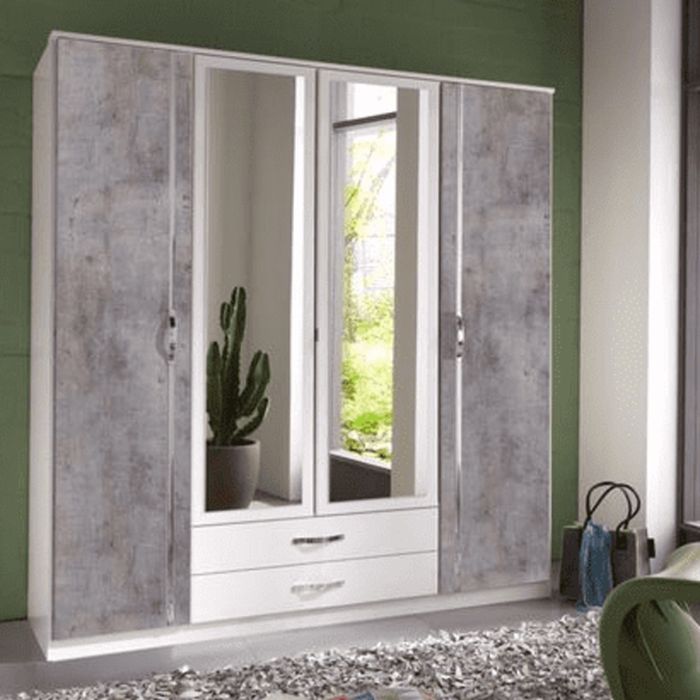 RADNOR 4 Door Mirrored Wardrobe with 2 Drawers Grey and White - 180cm