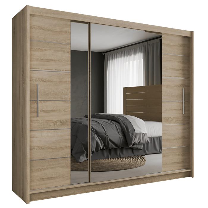 LUZERN 3 Door Mirrored Sliding Wardrobe with 2 Drawers Light Oak - 250cm