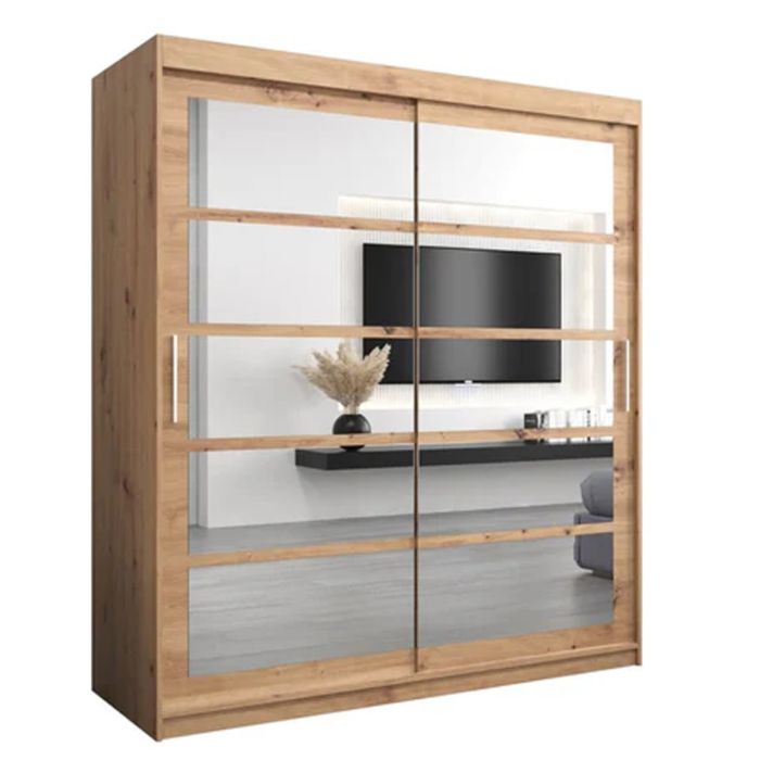 CALVIN 2 Door Mirrored Sliding Wardrobe Medium Oak - 180cm