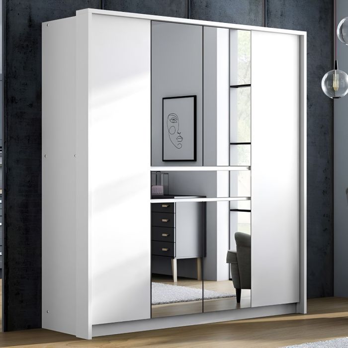 WAVERLEY 6 Door Mirrored Wardrobe with 1 Drawer White - 200cm