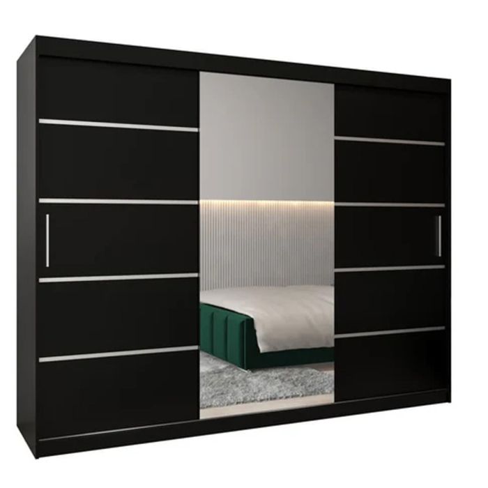 VICENZA 3 Door Mirrored Sliding Wardrobe Black - 250cm