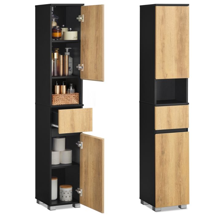 ASNYBU Tall Bathroom Storage Cabinet - Ink Black and Natural Brown
