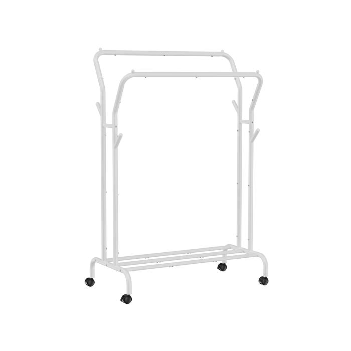 Clothes Rack - FIONIA Double Rod Metal Clothes Rack with Wheels - White
