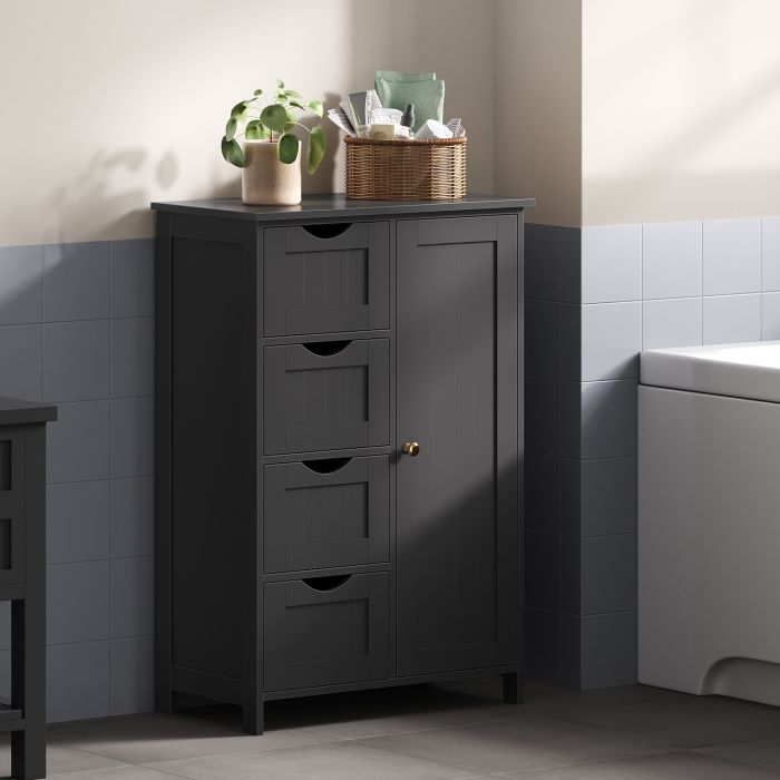 Bathroom Cabinet - VERRA Freestanding Floor Storage Unit with 4 Drawers and 1 Door - Black