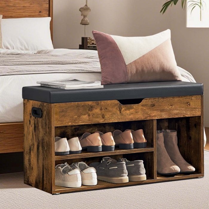 VERRA Shoe Bench - 3 Compartment Lid Storage Cushion Medium Sized Bench - Black