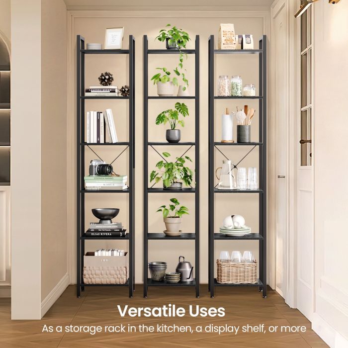 Bookshelf - VERRA 6 Tier Tall Narrow Bookcase Skinny Shelf - Black