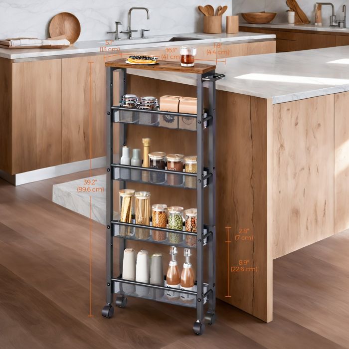 Rolling Cart - VERRA 5 Tier Slim Storage Cart with Handle Metal Frame - Black