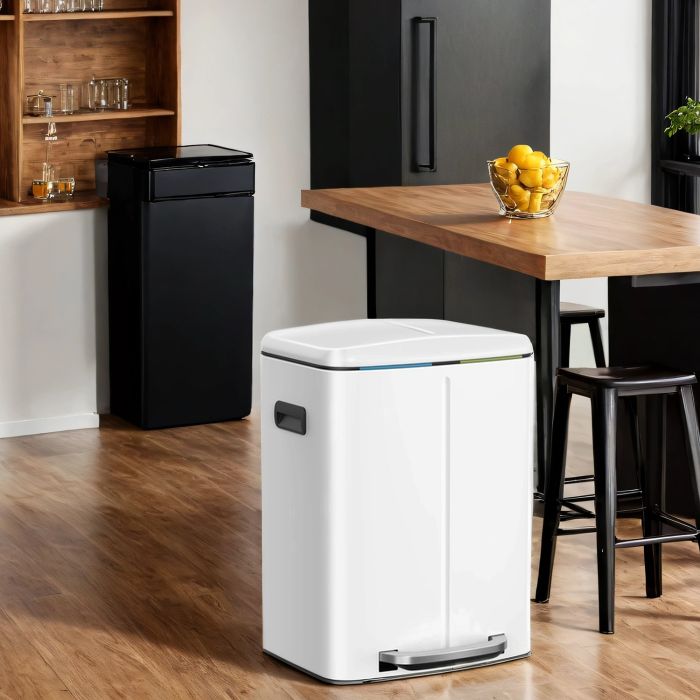 Kitchen Bin - VERRA 40L Double Rubbish Bin with Soft-Close Lid and Plastic Bucket - White