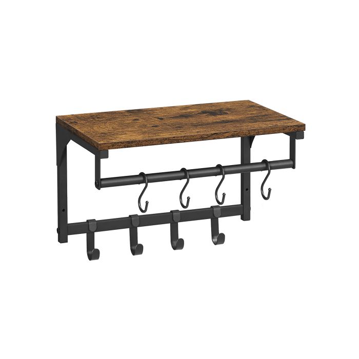 Coat Rack - NOVRAE Wall Mounted with 8 Hooks and Shelf - Rustic Brown and Black
