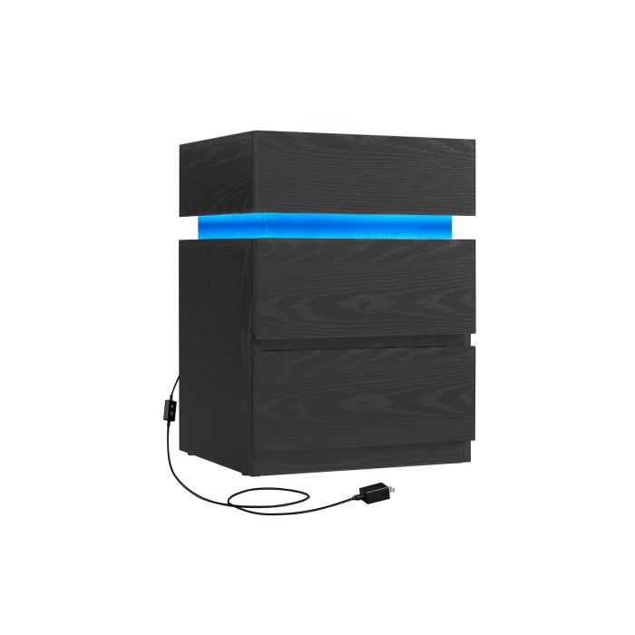 Bedside Table - VERVAS LED Lights 3 Drawer Storage - Ebony Black