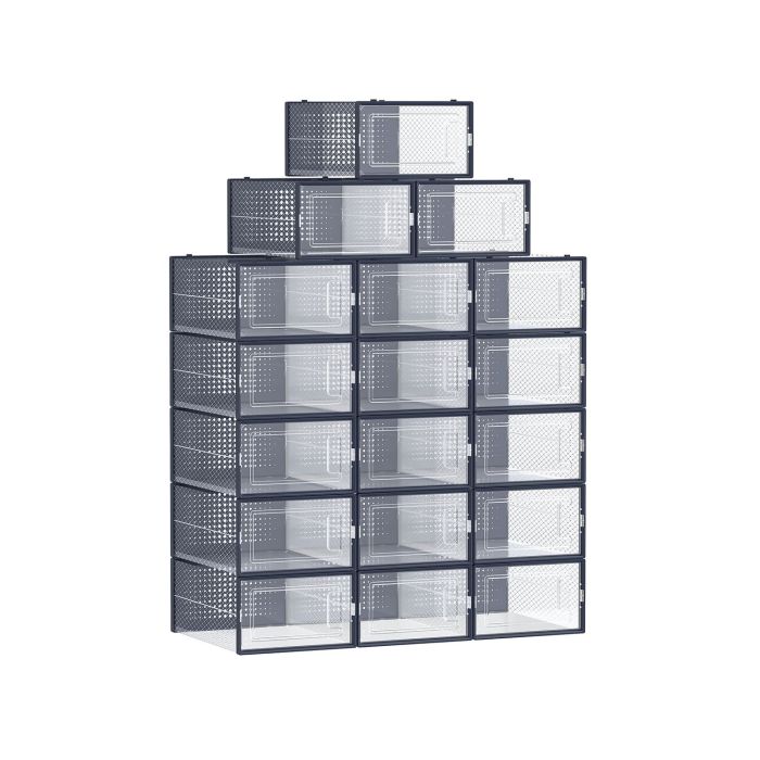 18-Pack Stackable Plastic Shoe Boxes Transparent and Charcoal Blue
