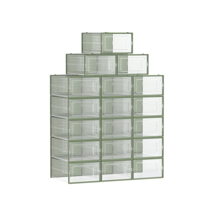 18-Pack Stackable Plastic Shoe Boxes Transparent and Laurel Green