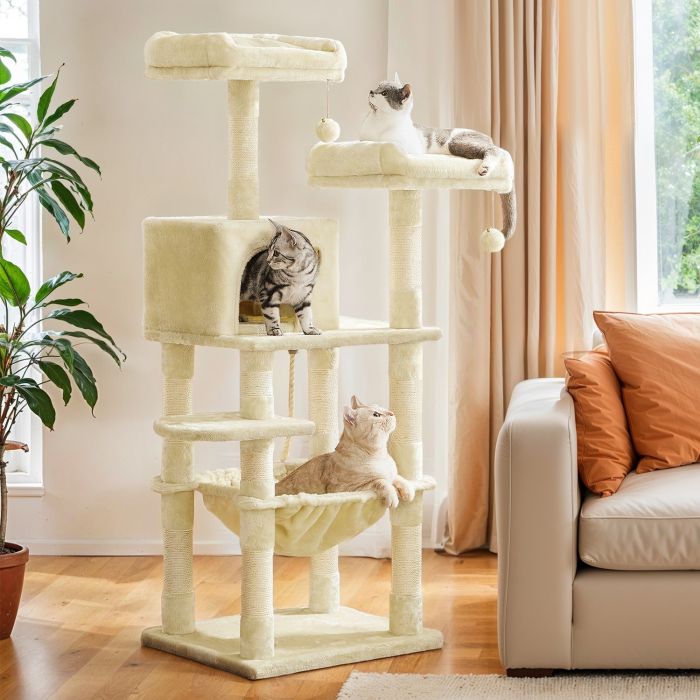 Cat Tree - MARRAE Multi Level Condo with 11 Scratching Posts and 2 Perches - Beige