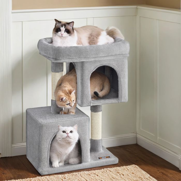 Cat Tree - MARRAE Tower Large Dual Compartment Cat Perch - Light Grey