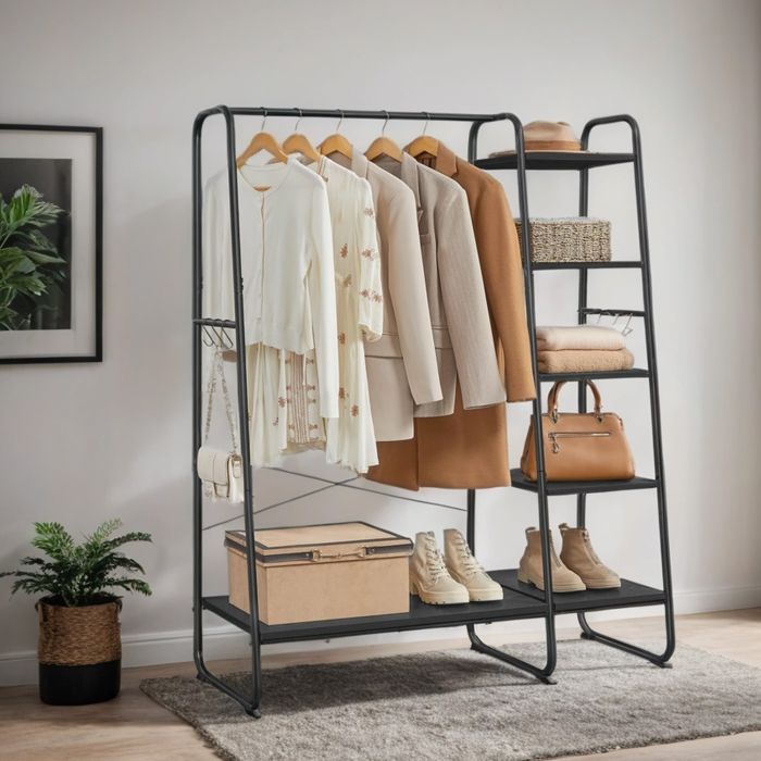 Garment Rack - ZARNIA Shoe Shelf 5 Tier Storage 6 Side Hook - Ebony Black