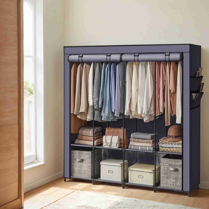 Closet Organizer - ZARNIA Portable Organizer with Cover, 4 Hanging Rods and Shelves - Midnight Blue