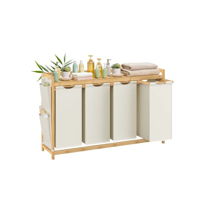 MERRISHORE 4 Compartment Laundry Basket with Shelf and Pockets - Light Oak and White