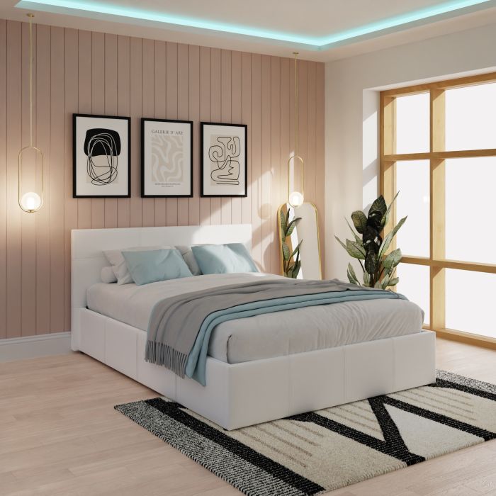 End Lift Ottoman Bed 135cm White PU Leather